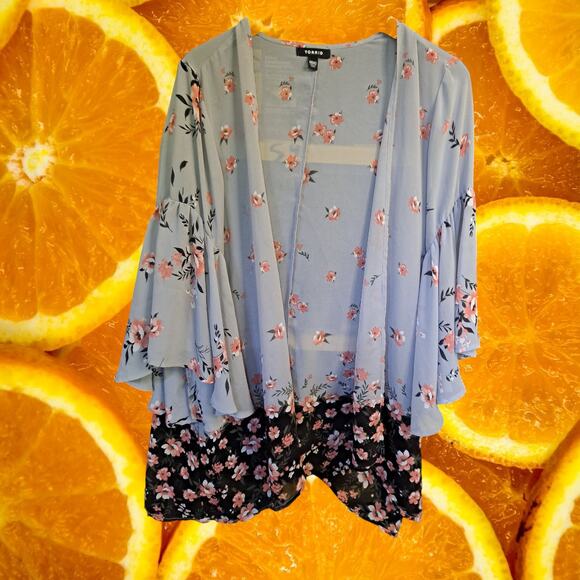 Torrid Open Front 2 Tone Blue and Black‎ Floral Top Size 00 M/L - Picture 2 of 6